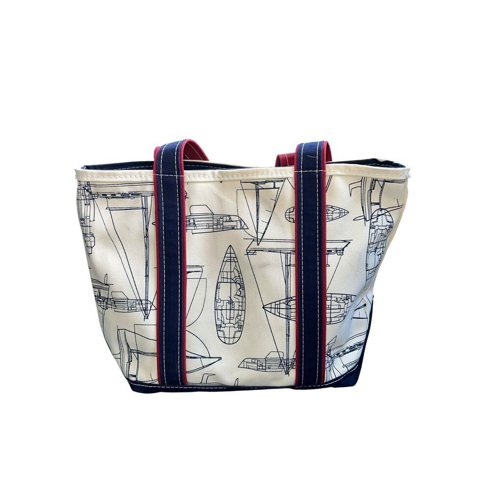 L.L. Bean Boat Tote canvas preppy Nautical Sailboat Print  red white blue VTG - Picture 12 of 14